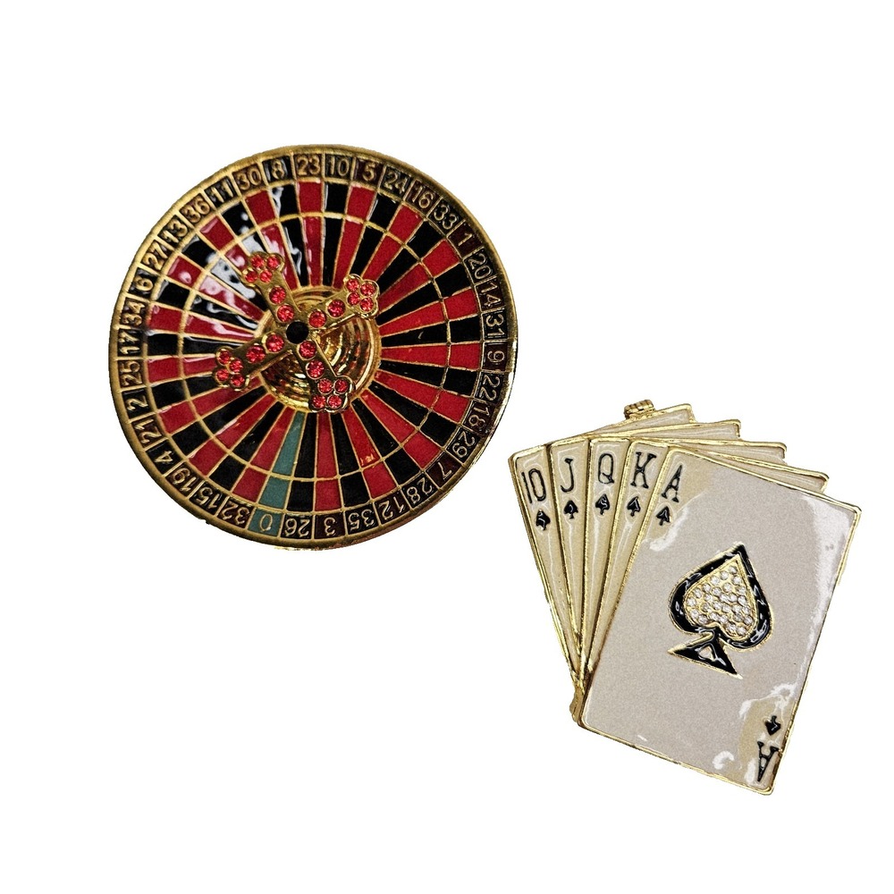Set of 2 Trinket Box Playing Cards Roulette Wheel Enamel Rhinestone‎ Casino Gift